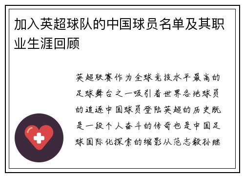 加入英超球队的中国球员名单及其职业生涯回顾
