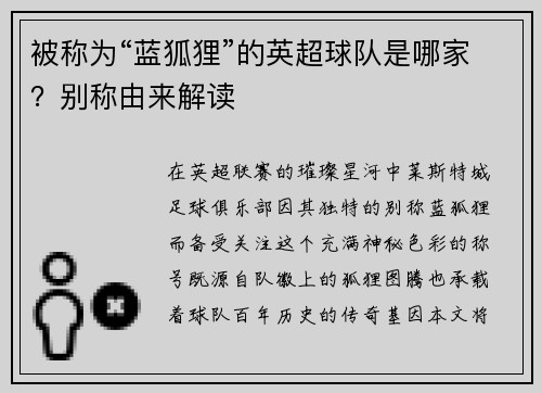 被称为“蓝狐狸”的英超球队是哪家？别称由来解读