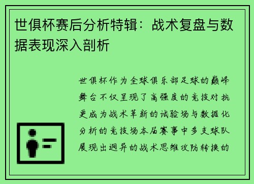 世俱杯赛后分析特辑：战术复盘与数据表现深入剖析