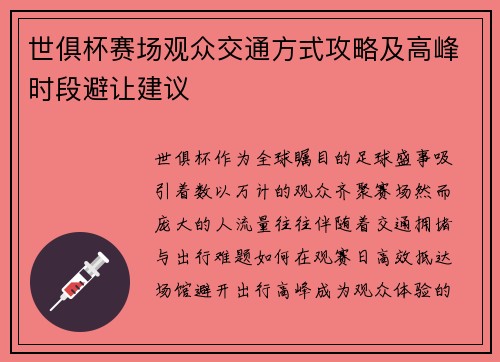 世俱杯赛场观众交通方式攻略及高峰时段避让建议