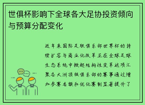 世俱杯影响下全球各大足协投资倾向与预算分配变化